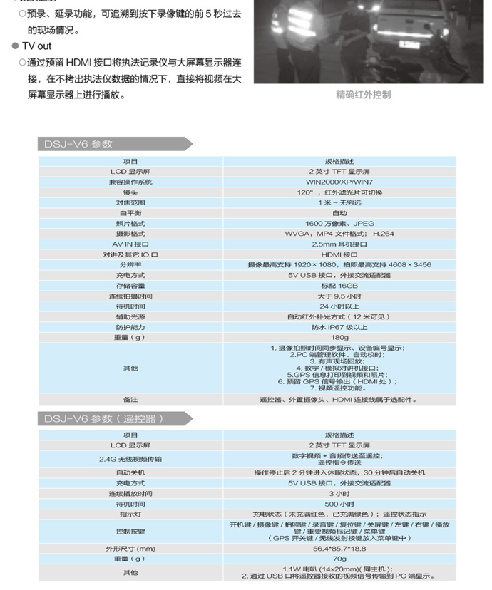 警翼V6執法記錄儀(yi) 參數圖